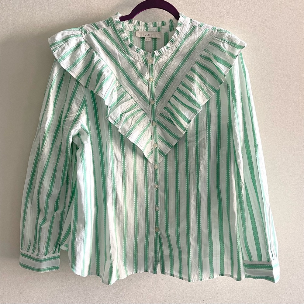 NWT LOFT ann taylor mint green and white striped long sleeve button ruffle shirt